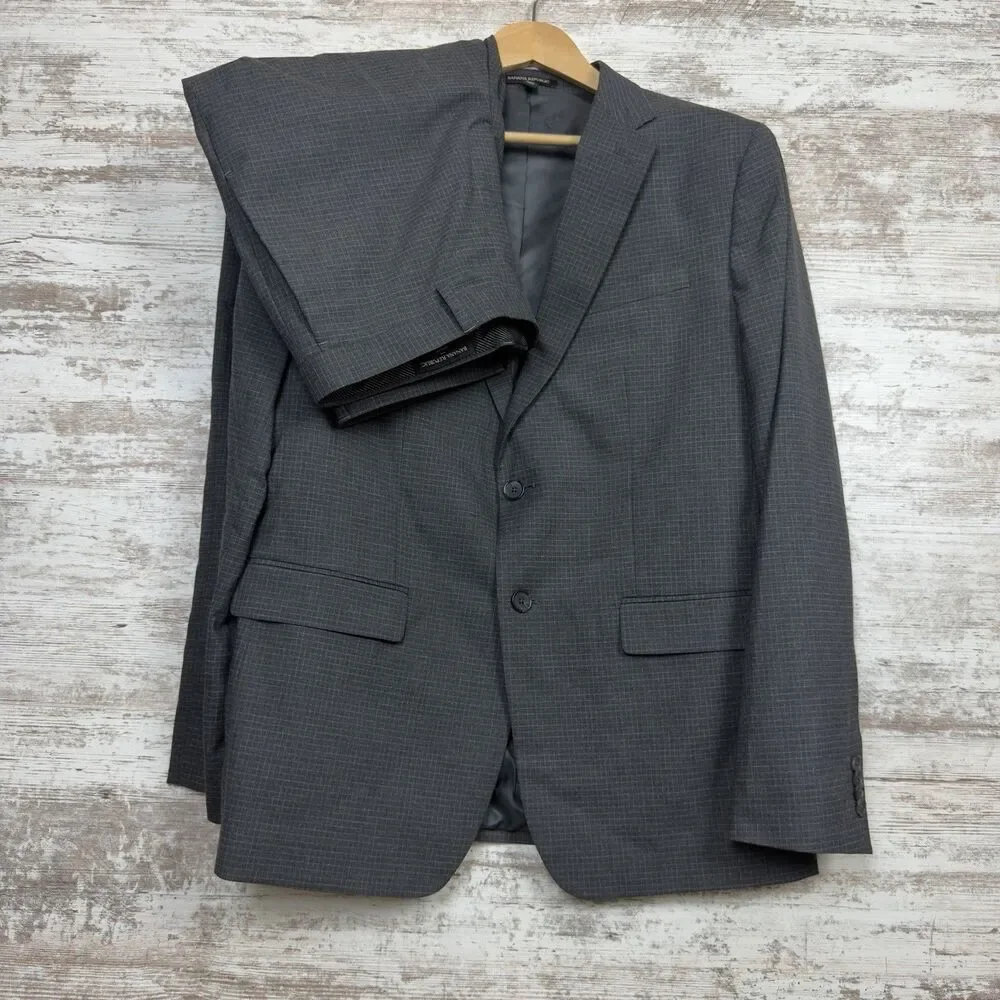 Banana Republic Men 2pc Suit 44R 36x31 Gray Grid Check Slim Fit Polyester Rayon